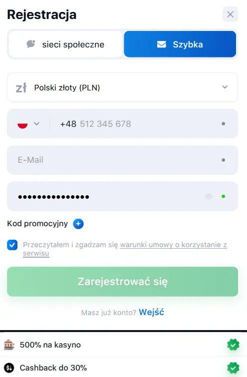 Szybka rejestracja w 1Win